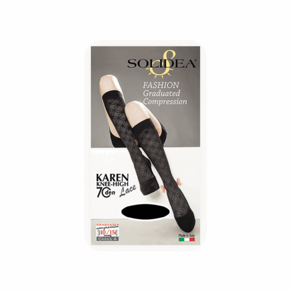 Solidea Knaelange Stoettestroemper, Karen, Nylon, 70 Denier sort - emballage